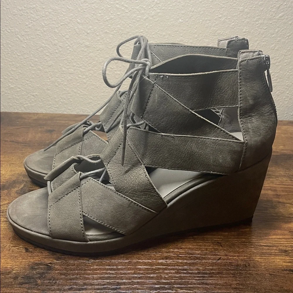 Eileen Fisher Dibs Grey Suede Leather Lace Up Wedge Sandal